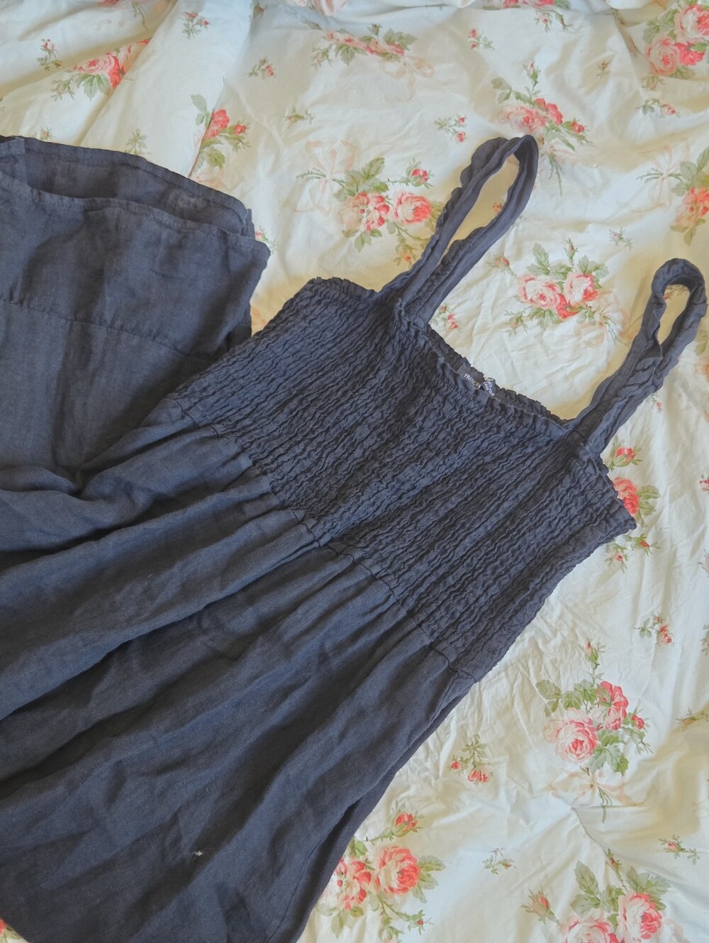 Frances Bertini Navy Blue Made in Italy 100% Linen Smocked Maxi Dress Sz M 🇮🇹